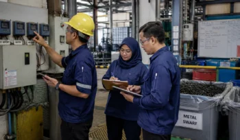 Manufacturing employees checking operational data and records for ESG readiness at production level