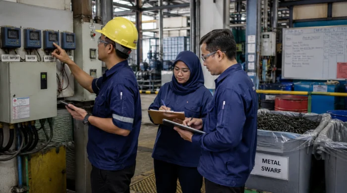 Manufacturing employees checking operational data and records for ESG readiness at production level