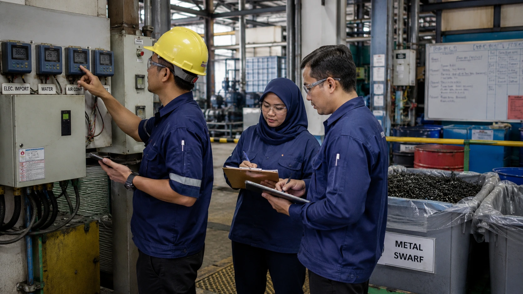 Manufacturing employees checking operational data and records for ESG readiness at production level