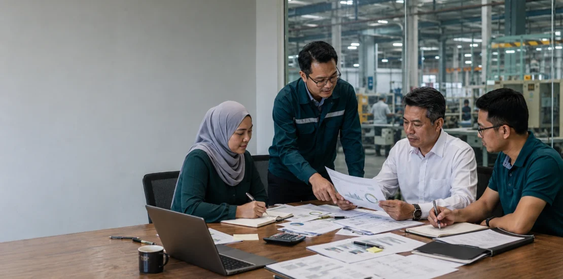 Malaysian manufacturing team reviewing ESG readiness documents, GHG data and evidence before certification