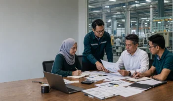 Malaysian manufacturing team reviewing ESG readiness documents, GHG data and evidence before certification