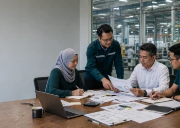 Malaysian manufacturing team reviewing ESG readiness documents, GHG data and evidence before certification