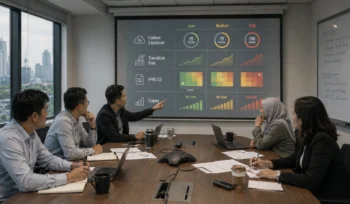 Boardroom discussion on internal carbon pricing, IFRS S2 climate scenarios and carbon-cost exposure