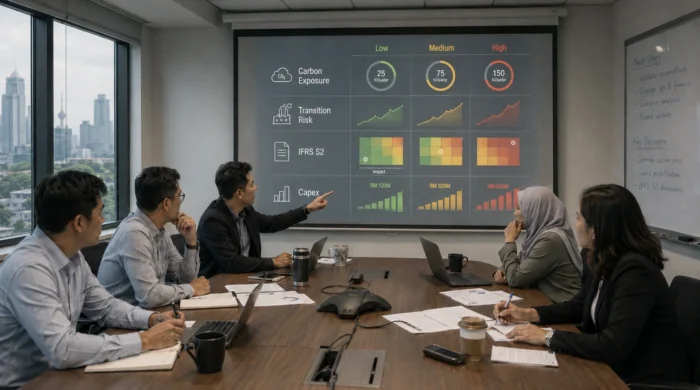 Boardroom discussion on internal carbon pricing, IFRS S2 climate scenarios and carbon-cost exposure