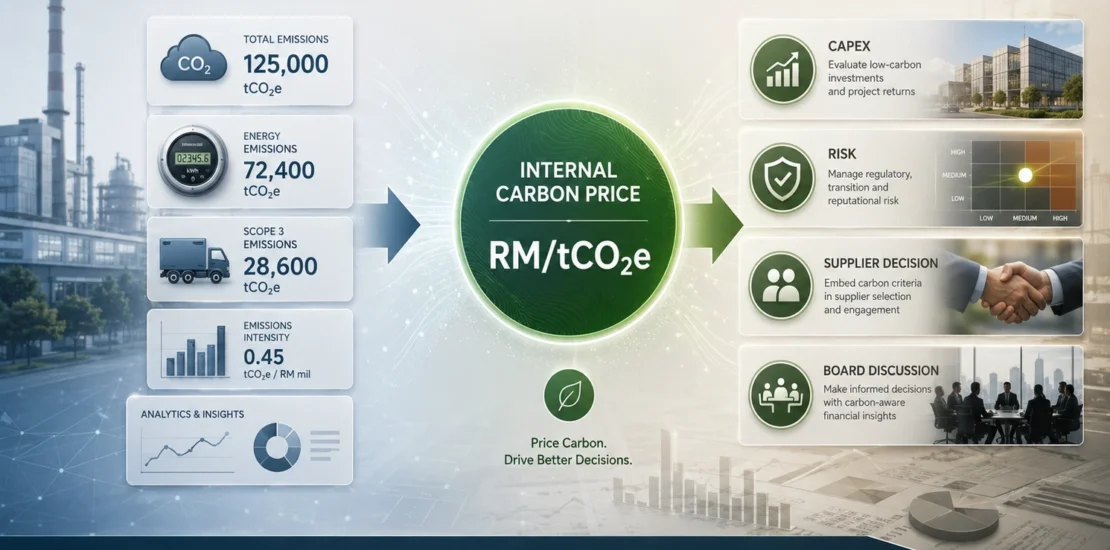 Internal carbon pricing Malaysia discussion for ESG and Finance teams reviewing GHG data