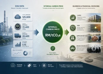 Internal carbon pricing Malaysia discussion for ESG and Finance teams reviewing GHG data
